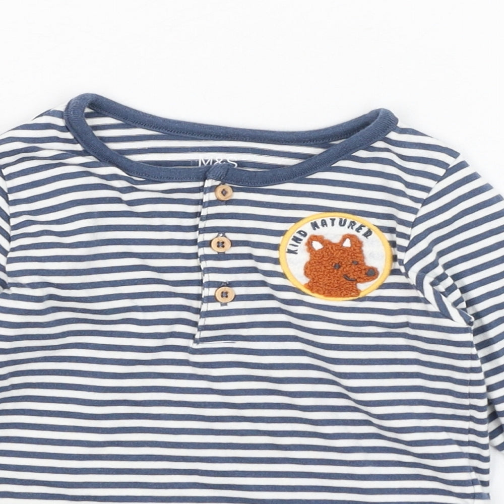Marks and Spencer Boys Blue Striped Cotton Basic T-Shirt Size 9-12 Months Round Neck Pullover - Bear