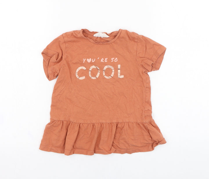 H&M Girls Orange Cotton Basic T-Shirt Size 18-24 Months Round Neck Pullover - Slogan