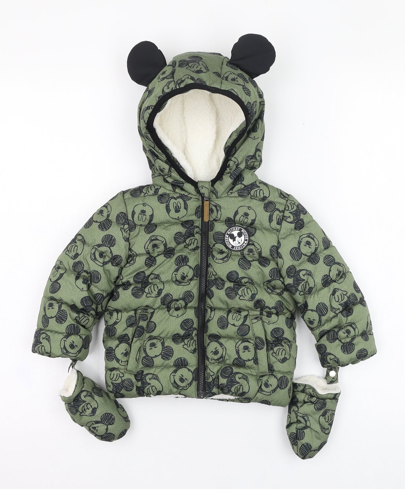 F&F Boys Green   Puffer Jacket Coat Size 9-12 Months   Zip - Mickey Mouse