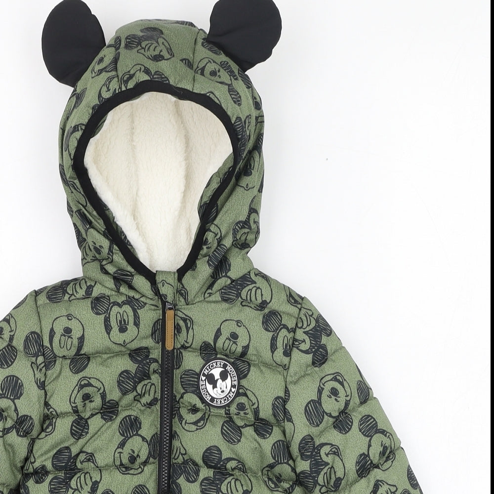 F&F Boys Green   Puffer Jacket Coat Size 9-12 Months   Zip - Mickey Mouse