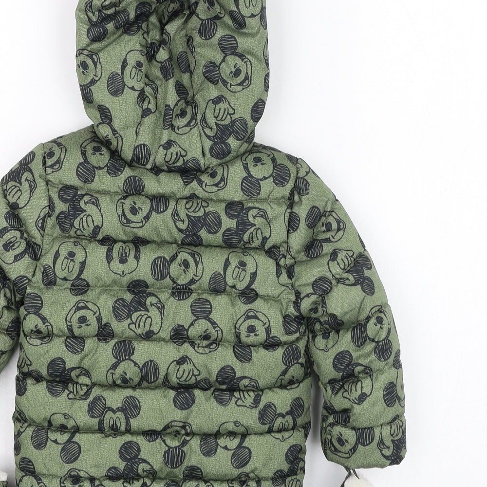 F&F Boys Green   Puffer Jacket Coat Size 9-12 Months   Zip - Mickey Mouse