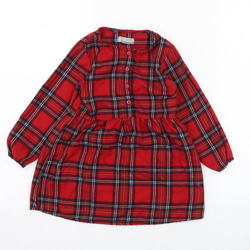 Primark Girls Red Check Polyester Skater Dress  Size 24 Months  Round Neck Button