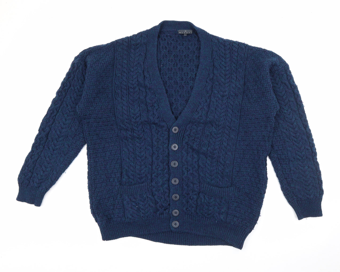 Aran Mens Blue V-Neck  Wool Cardigan Jumper Size L