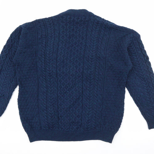 Aran Mens Blue V-Neck  Wool Cardigan Jumper Size L