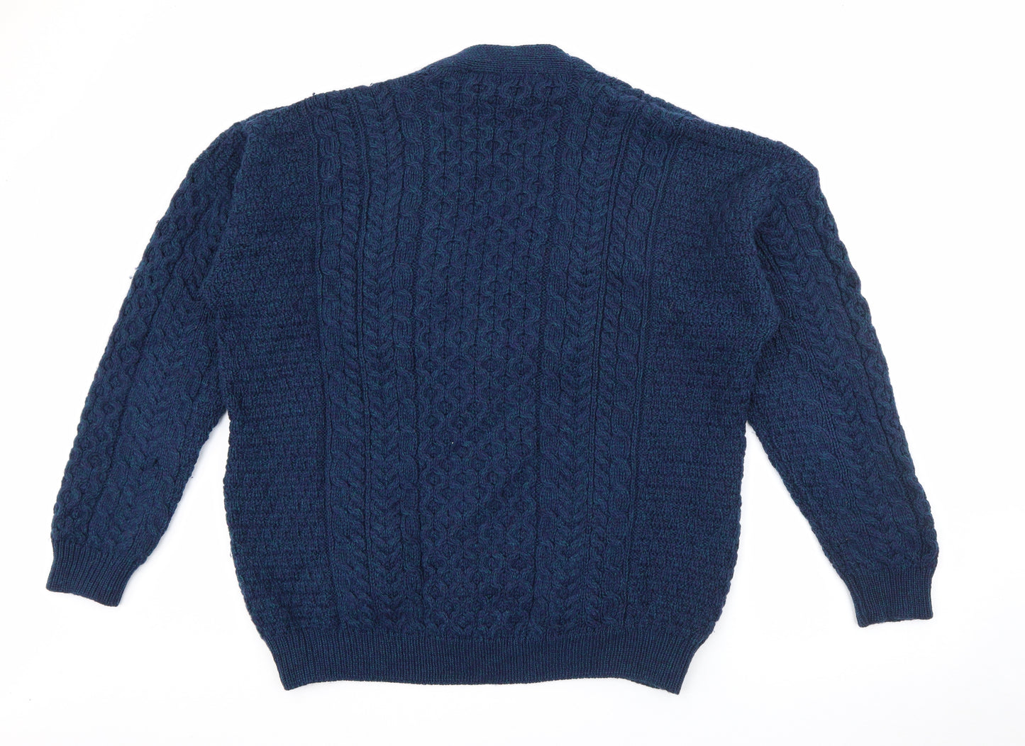 Aran Mens Blue V-Neck  Wool Cardigan Jumper Size L