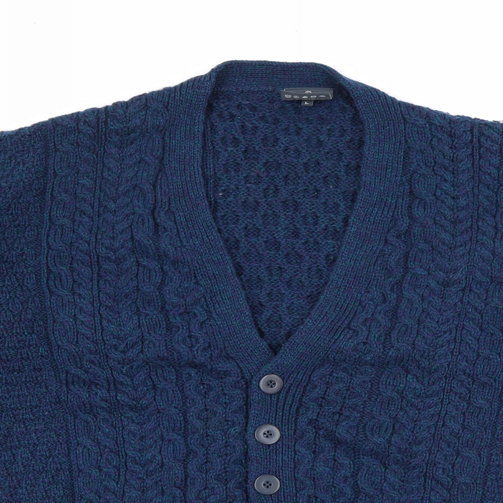 Aran Mens Blue V-Neck  Wool Cardigan Jumper Size L