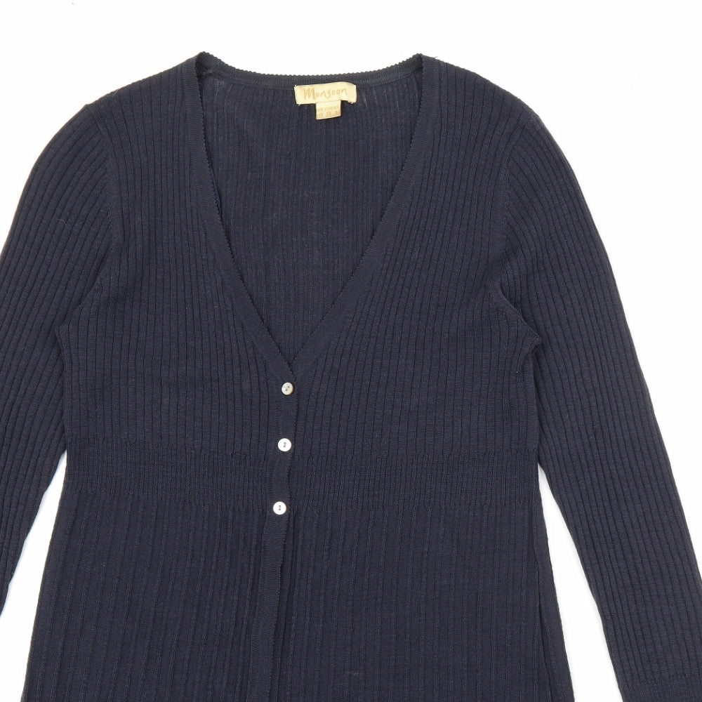 Monsoon Womens Blue V-Neck  Wool Cardigan Jumper Size 10