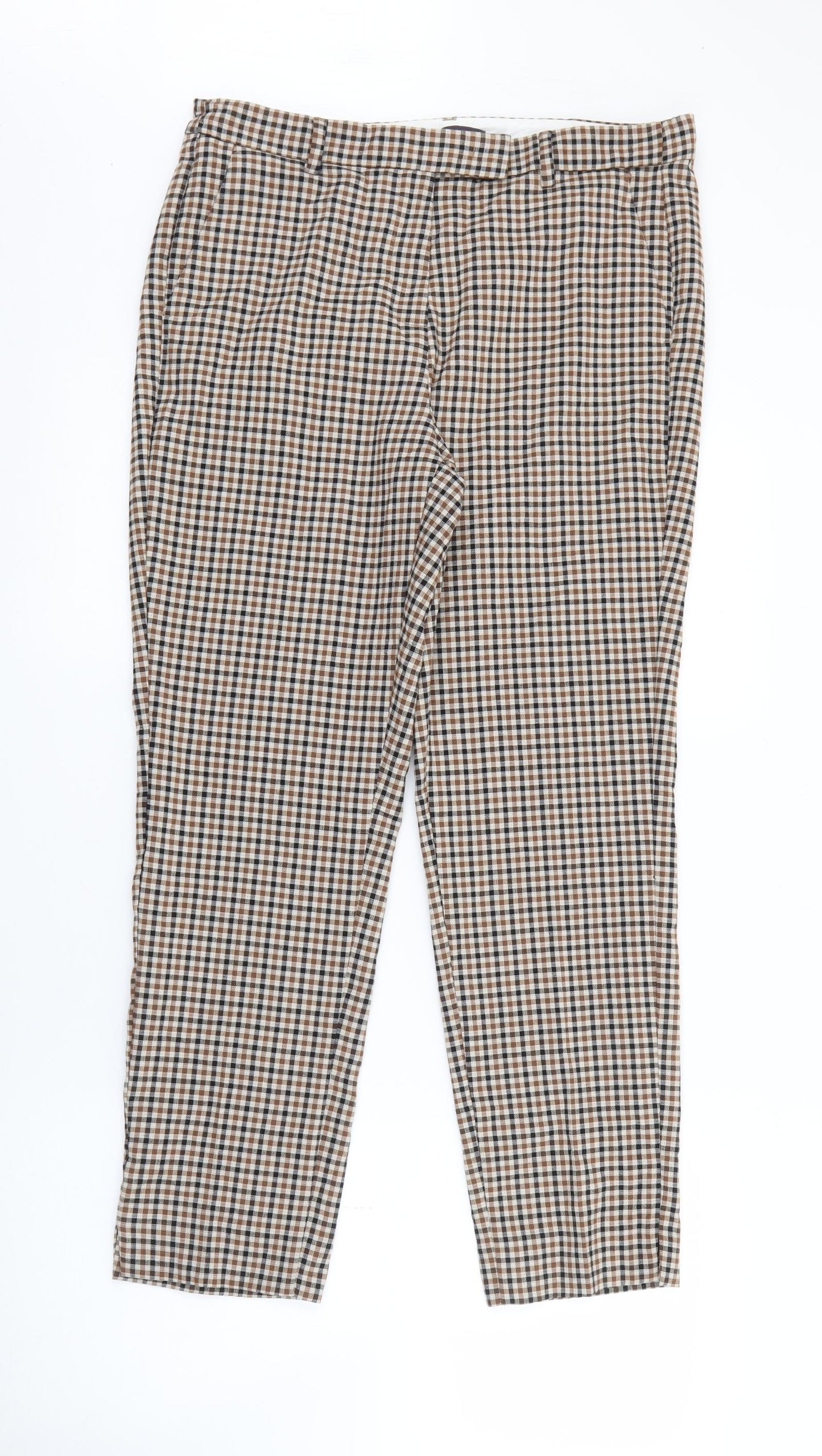 Marks and Spencer Womens Beige Plaid Viscose Trousers  Size 12 L26 in Regular