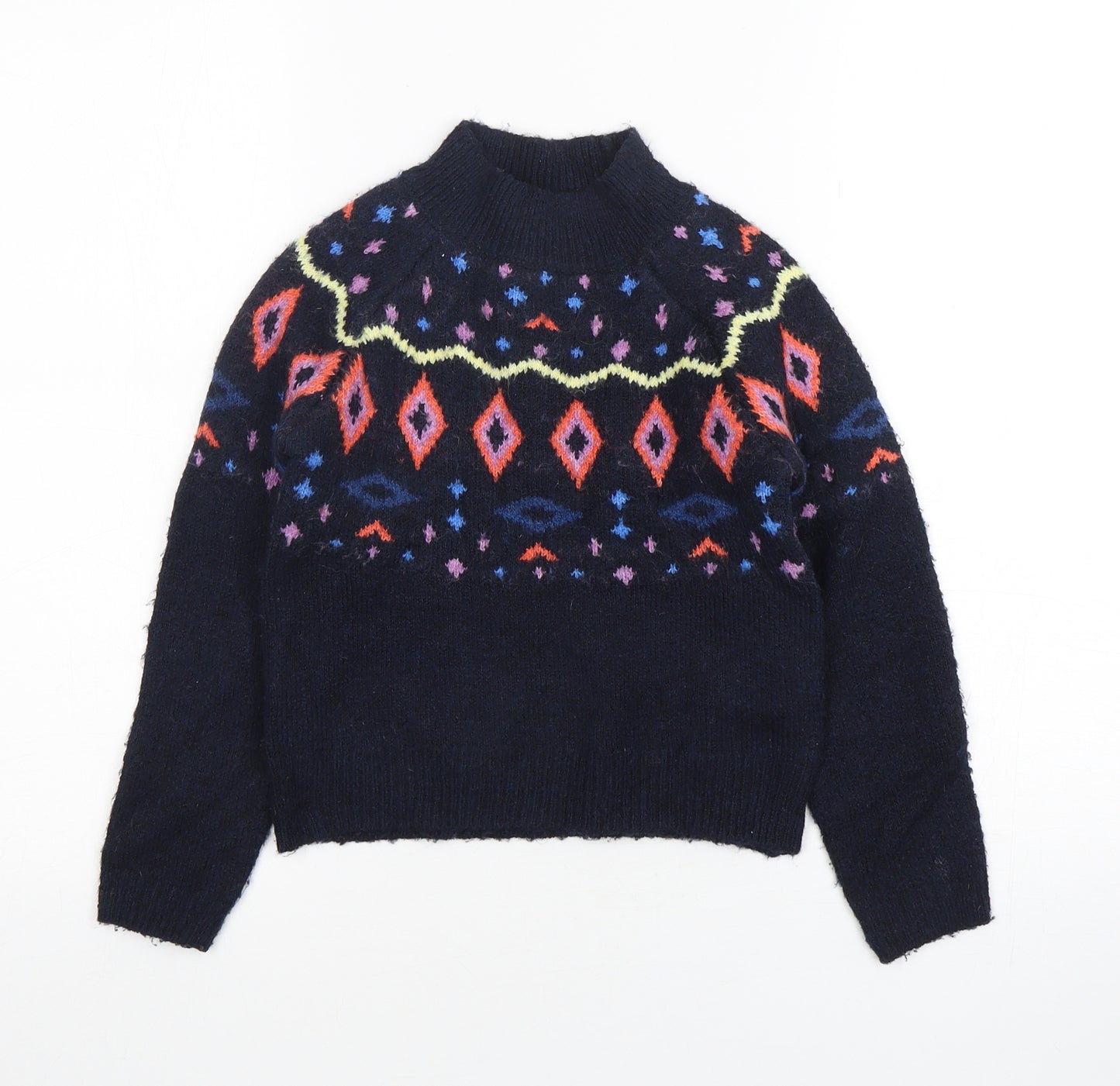 Marks and Spencer Girls Blue Mock Neck Argyle/Diamond Acrylic Pullover Jumper Size 7-8 Years  Pullover
