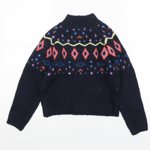 Marks and Spencer Girls Blue Mock Neck Argyle/Diamond Acrylic Pullover Jumper Size 7-8 Years  Pullover