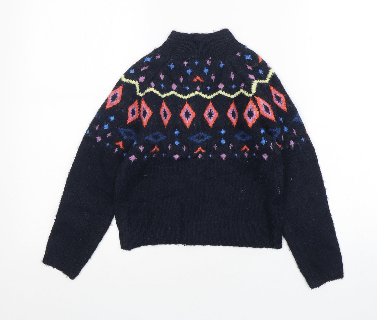Marks and Spencer Girls Blue Mock Neck Argyle/Diamond Acrylic Pullover Jumper Size 7-8 Years  Pullover