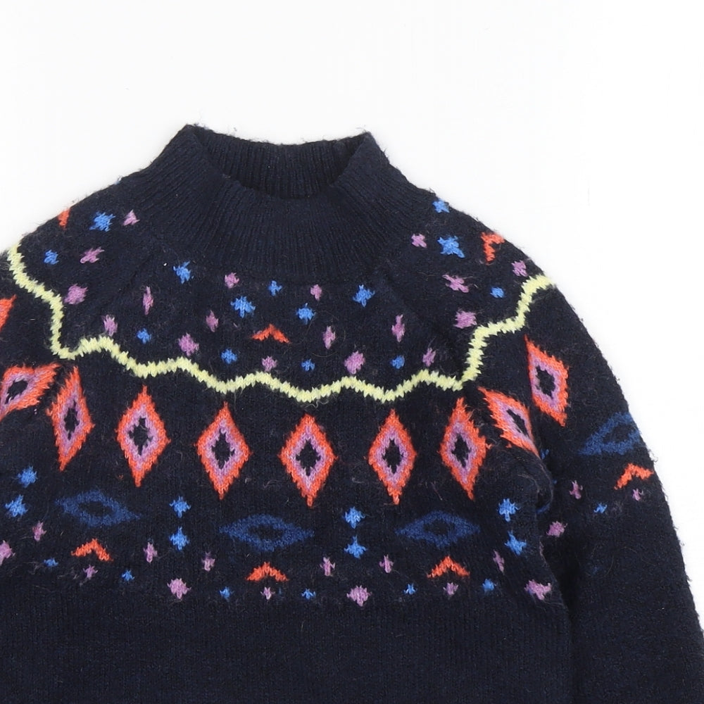 Marks and Spencer Girls Blue Mock Neck Argyle/Diamond Acrylic Pullover Jumper Size 7-8 Years  Pullover
