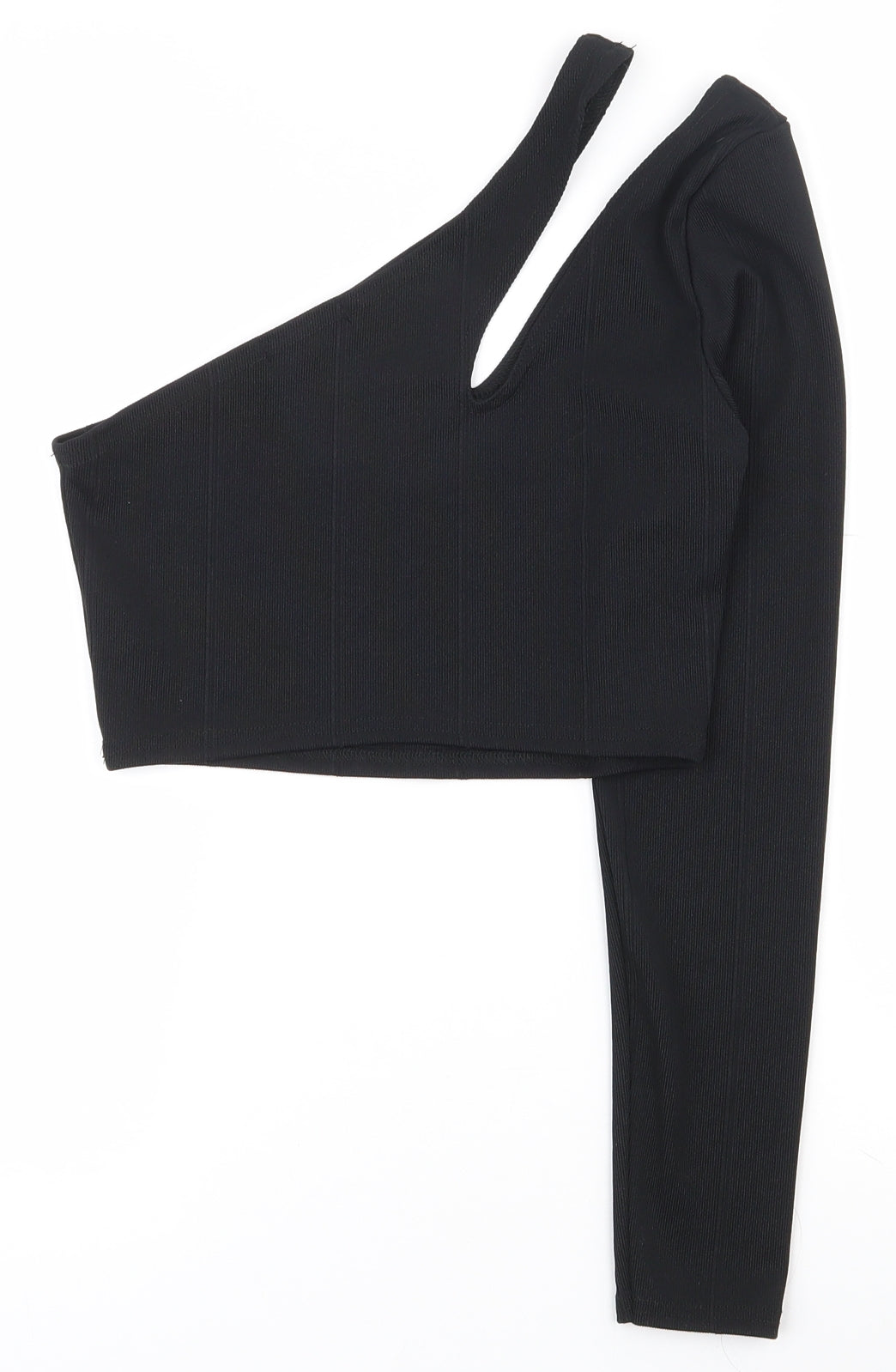 PRETTYLITTLETHING Womens Black  Polyester Cropped T-Shirt Size 12 One Shoulder