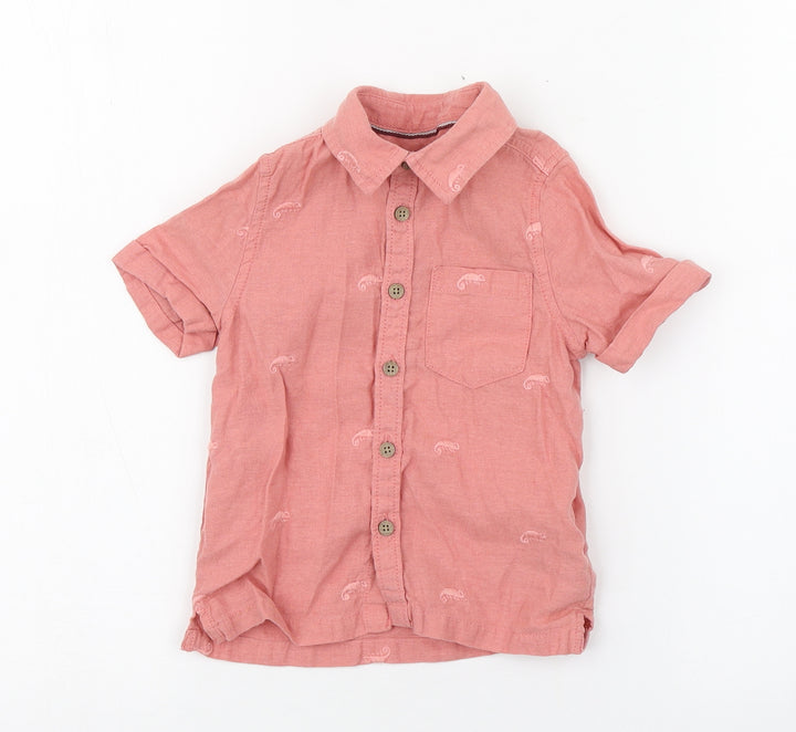 Marks and Spencer Boys Pink Geometric Flax Basic Button-Up Size 12-18 Months Collared Button