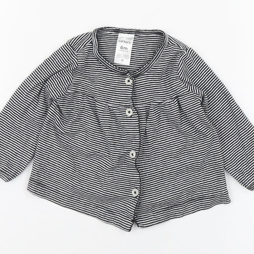 Carters Girls Black Striped 100% Cotton Basic T-Shirt Size 6-9 Months Round Neck Button