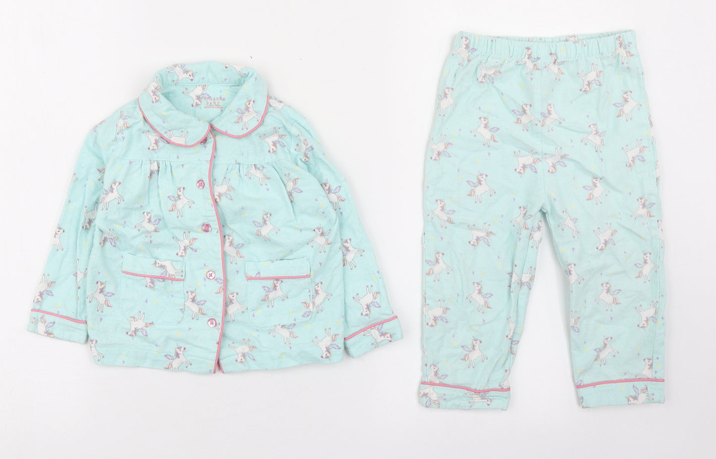 Primark Girls Blue Geometric 100% Cotton  Pyjama Set Size 12-18 Months  Button