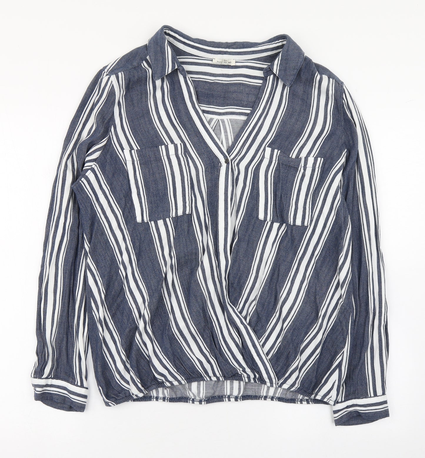 River Island Womens Blue Striped Cotton Basic Blouse Size 14 Collared