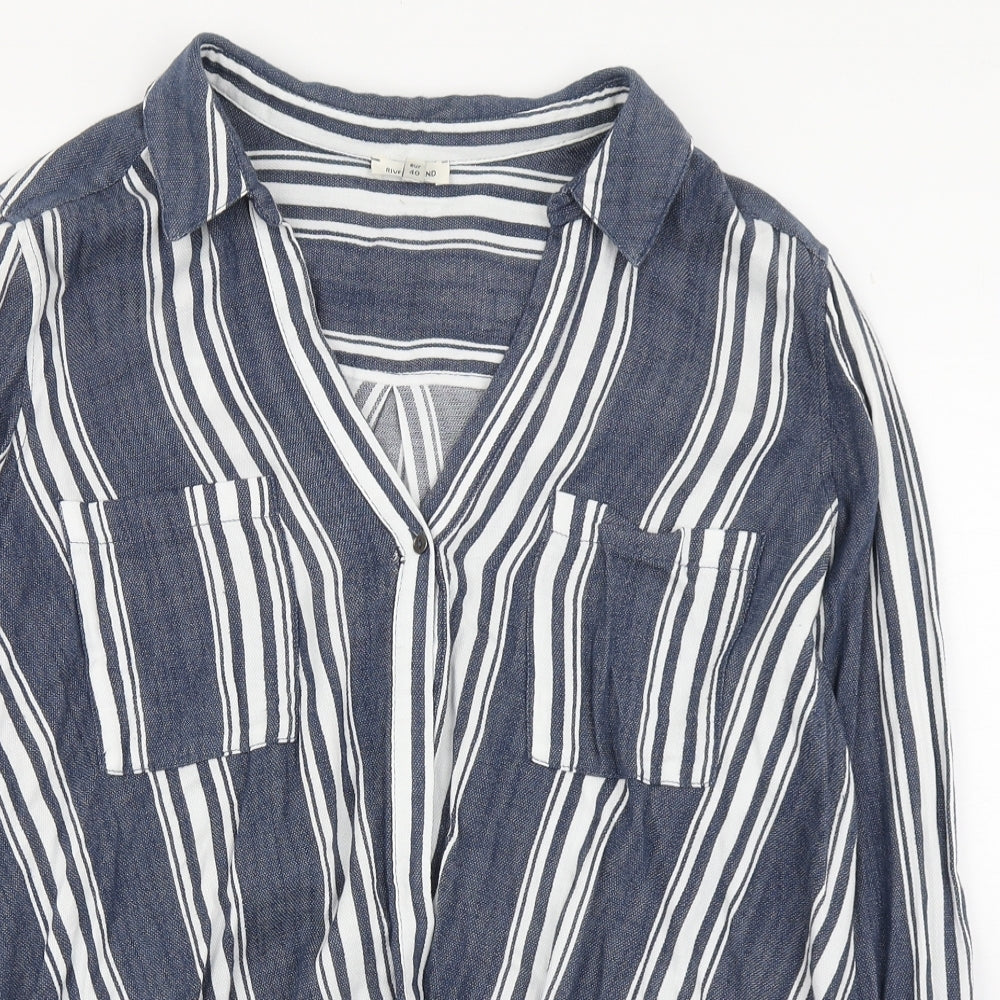 River Island Womens Blue Striped Cotton Basic Blouse Size 14 Collared