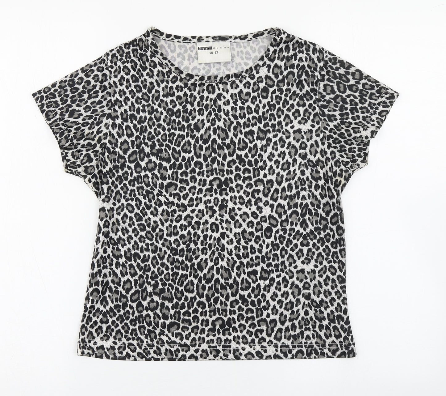 Sara Woman Womens Grey Animal Print Polyester Basic T-Shirt Size 10 Round Neck