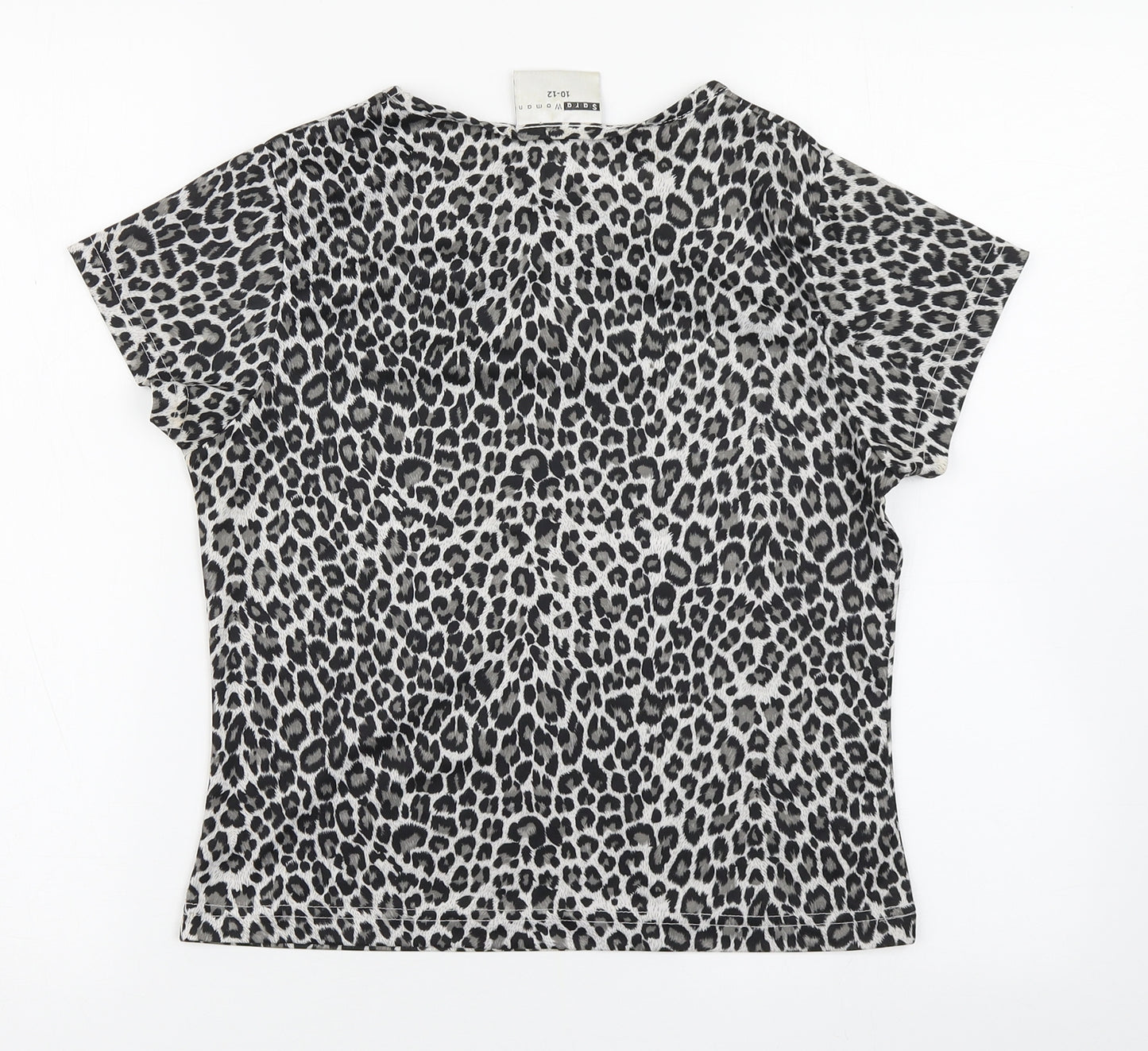 Sara Woman Womens Grey Animal Print Polyester Basic T-Shirt Size 10 Round Neck