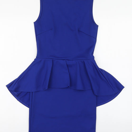 A Wear Womens Blue  Polyester Pencil Dress  Size 8  Scoop Neck Zip - Hip Ruffle