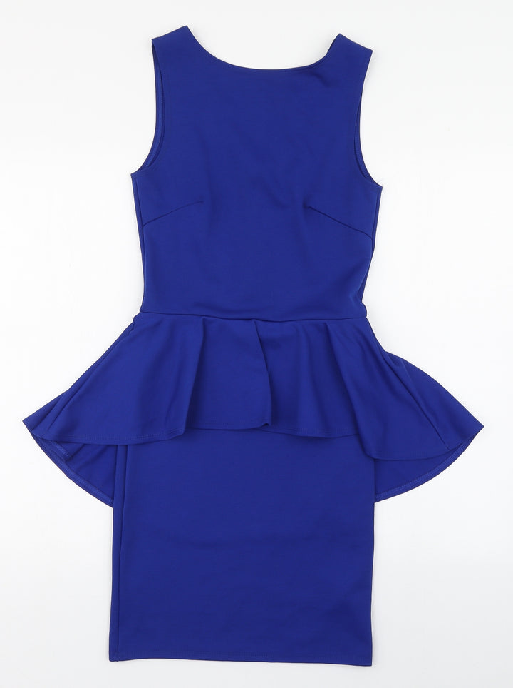 A Wear Womens Blue  Polyester Pencil Dress  Size 8  Scoop Neck Zip - Hip Ruffle