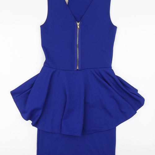 A Wear Womens Blue  Polyester Pencil Dress  Size 8  Scoop Neck Zip - Hip Ruffle