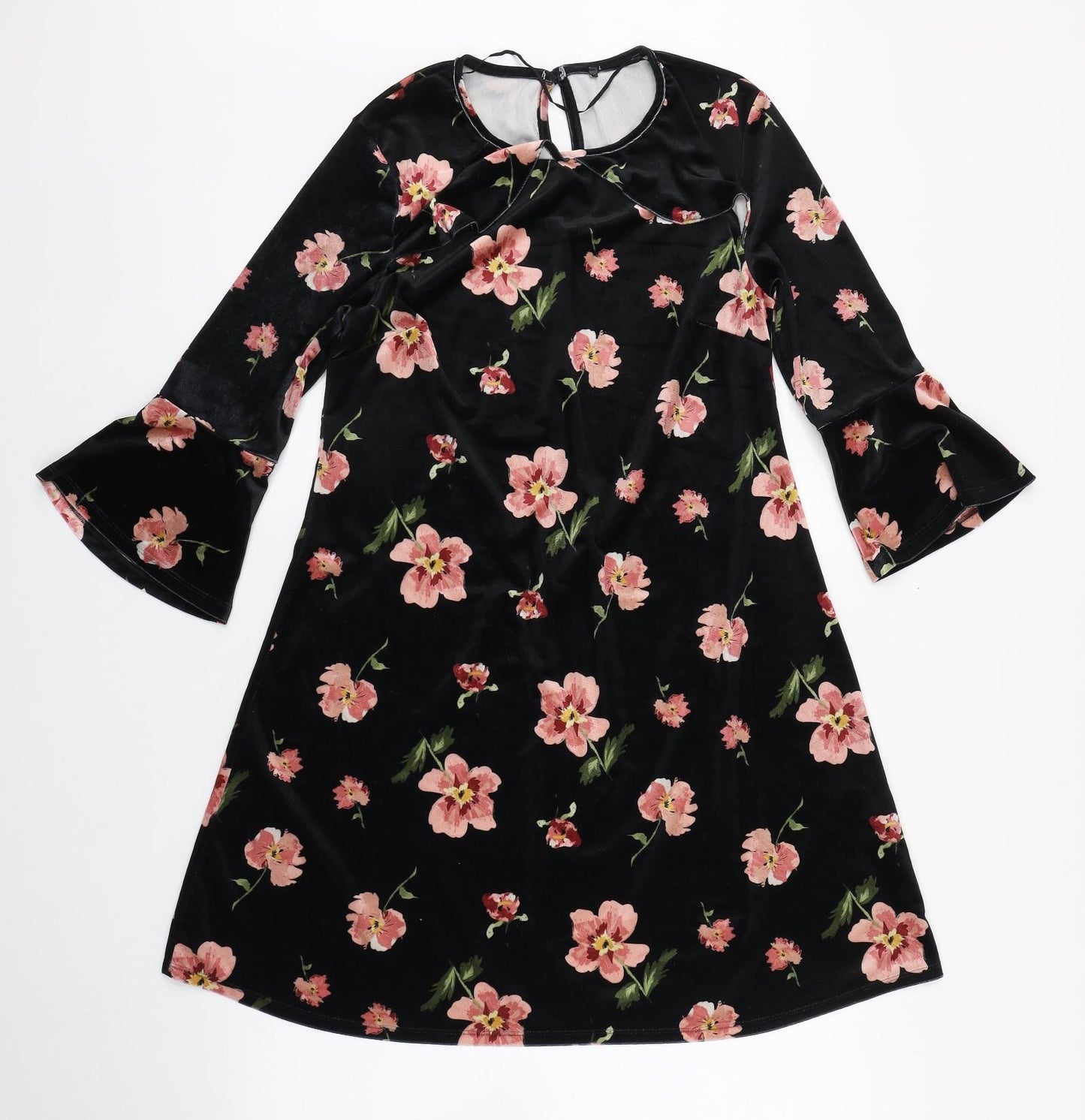 Primark Womens Black Floral Polyester A-Line  Size 10  Round Neck Button