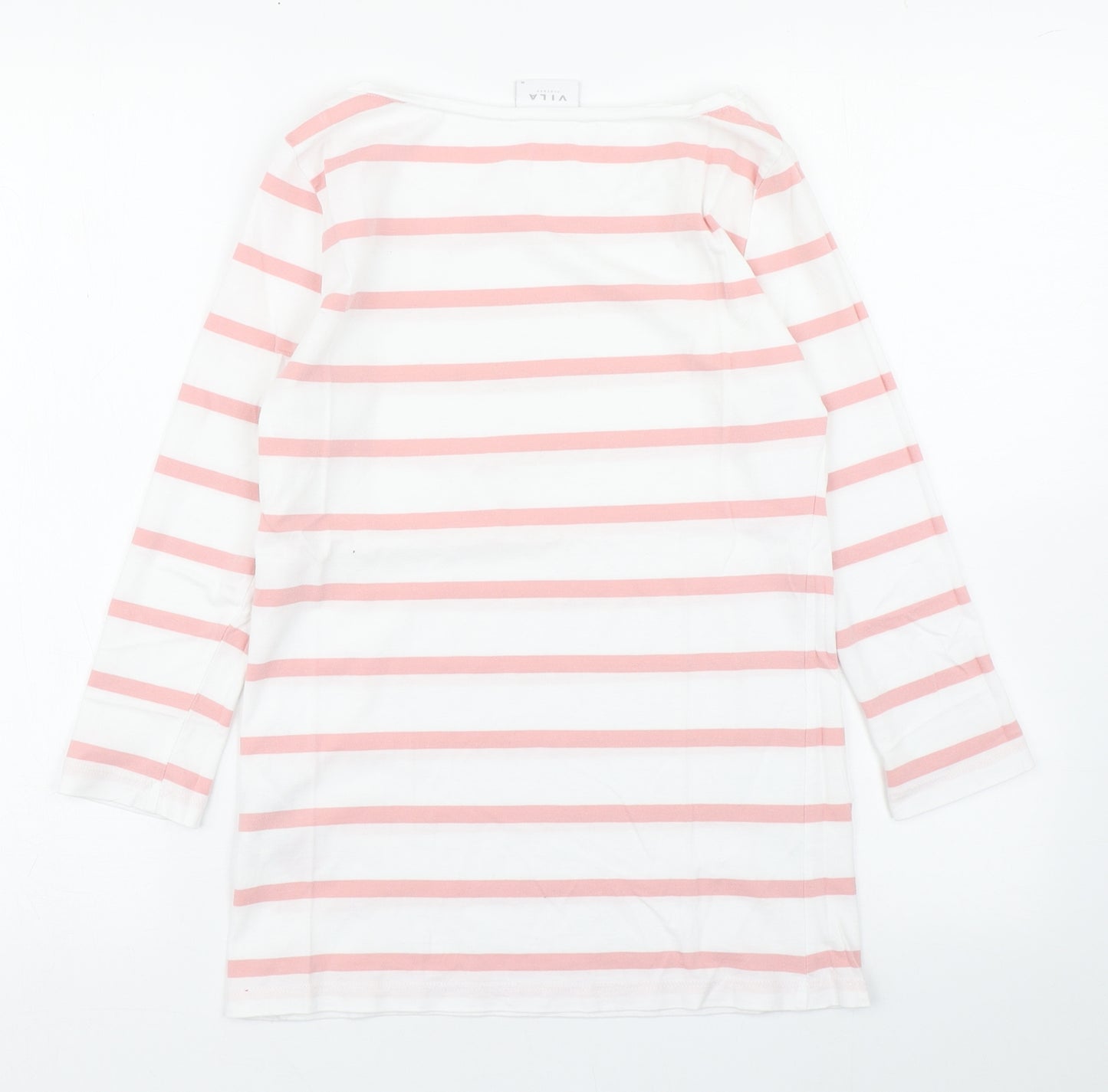 VILA Womens White Striped 100% Cotton Basic T-Shirt Size M Boat Neck
