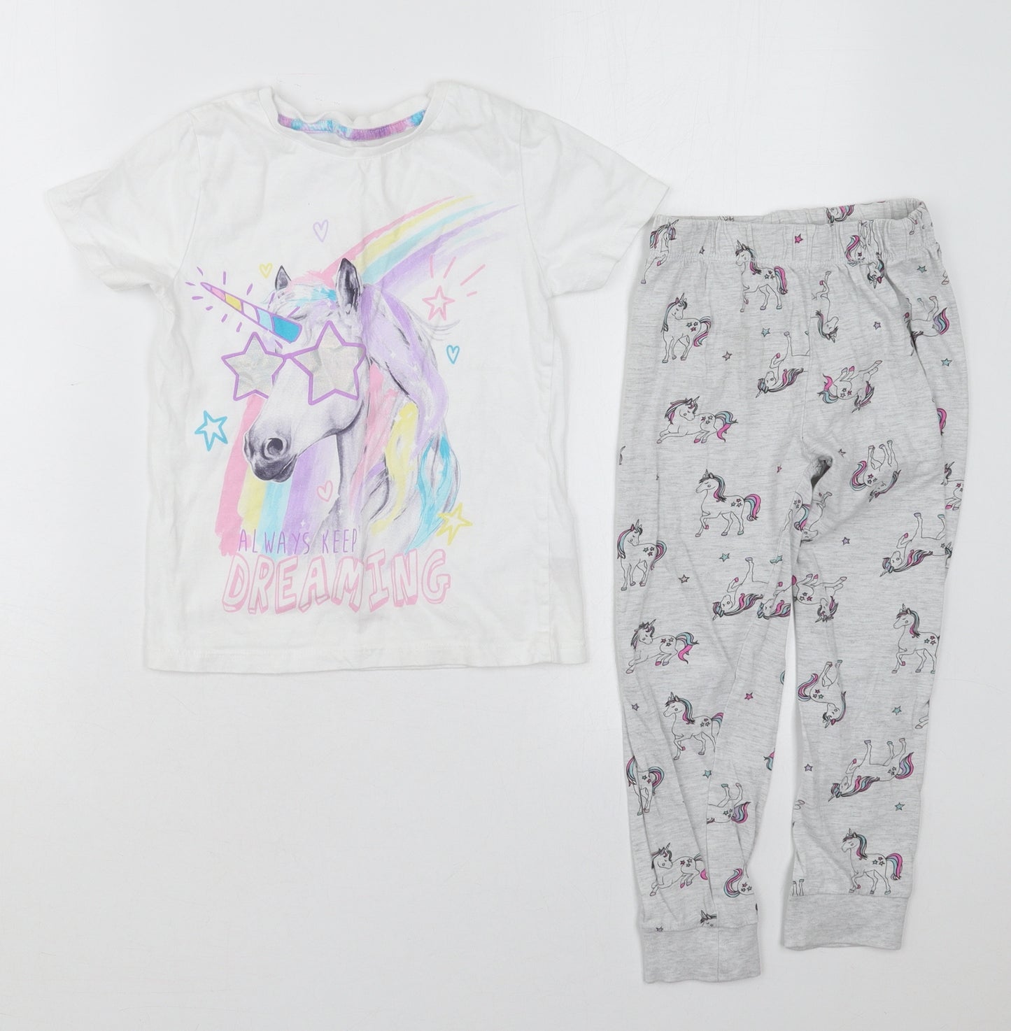 Dunnes Girls Grey Solid Cotton Top Pyjama Set Size 5-6 Years   - Unicorns