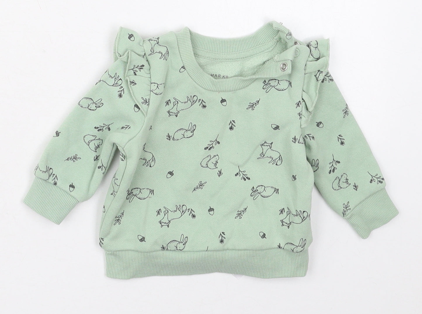 Fred & Flo Girls Green  Cotton Basic T-Shirt Size 0-3 Months Crew Neck Pullover - Animals
