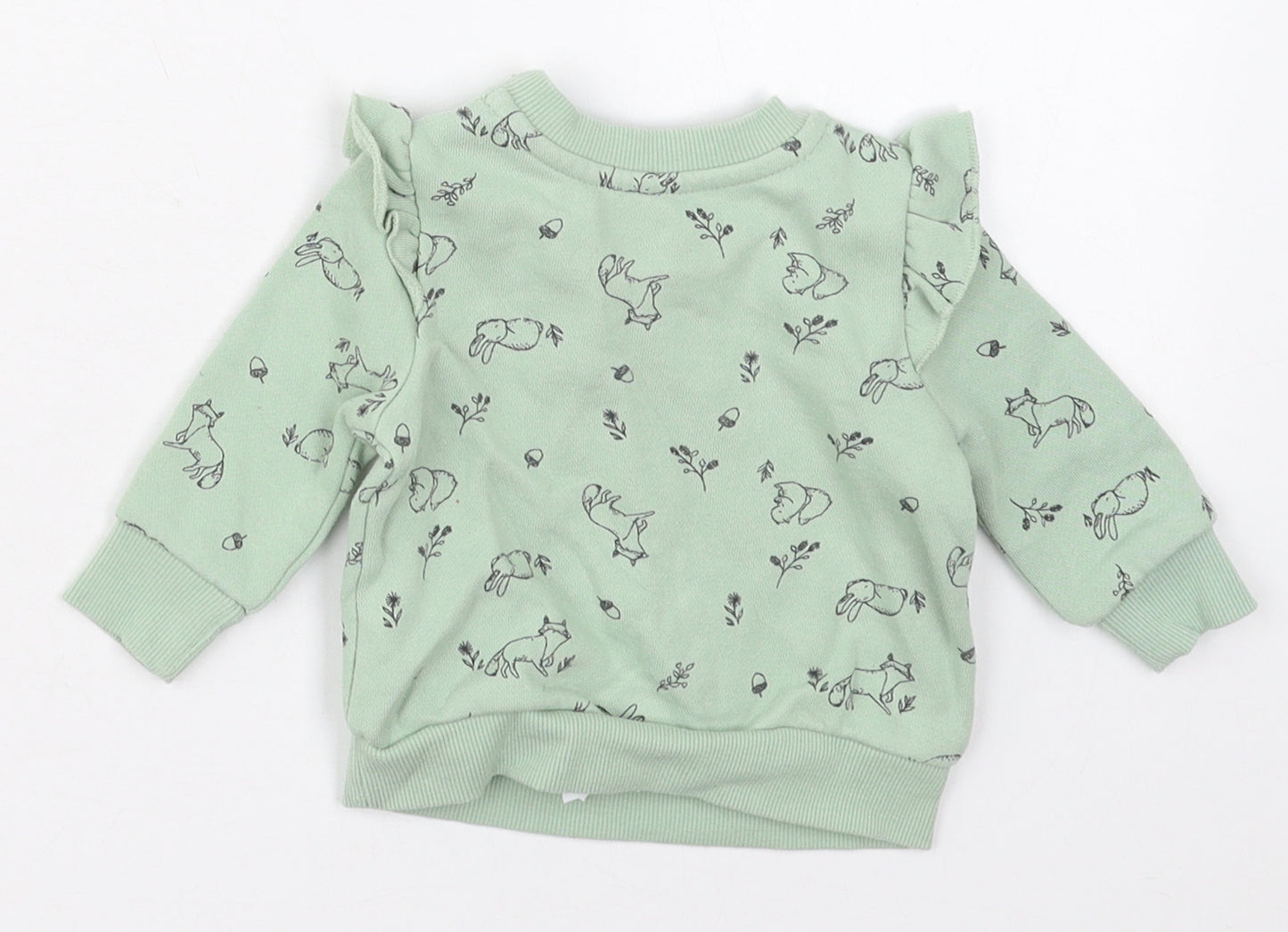 Fred & Flo Girls Green  Cotton Basic T-Shirt Size 0-3 Months Crew Neck Pullover - Animals