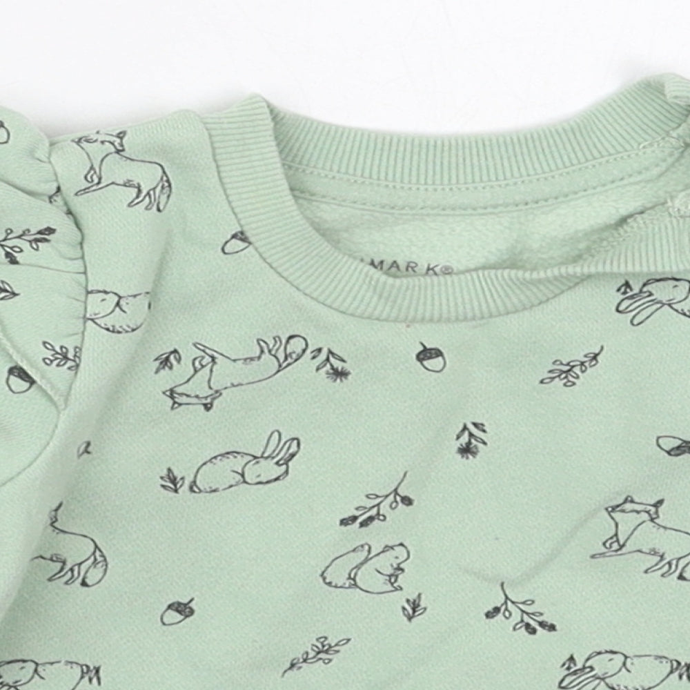 Fred & Flo Girls Green  Cotton Basic T-Shirt Size 0-3 Months Crew Neck Pullover - Animals