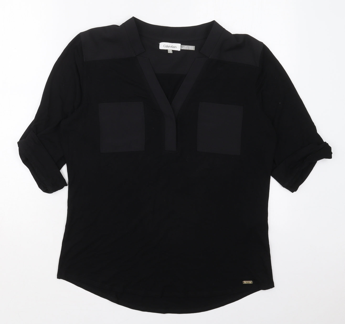 Calvin Klein Womens Black  Viscose Basic T-Shirt Size M V-Neck