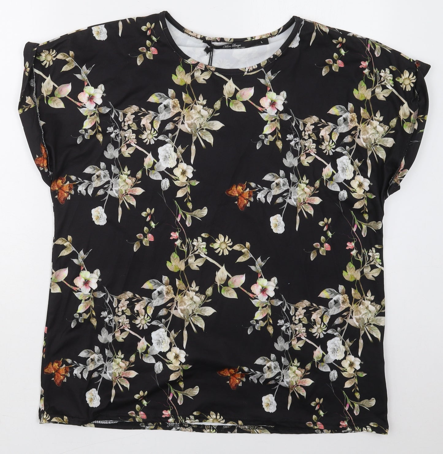 Marc Lauge Womens Black Floral Polyester Basic T-Shirt Size L Round Neck