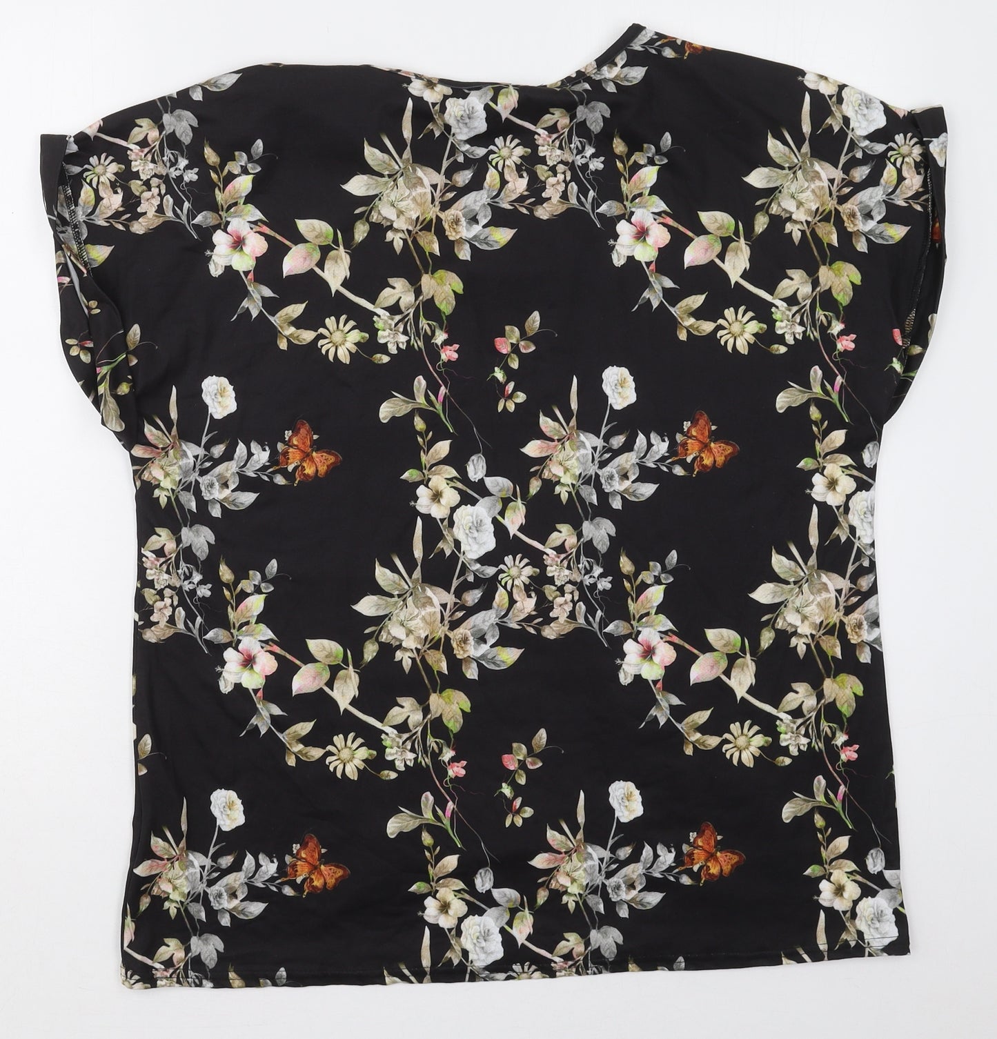 Marc Lauge Womens Black Floral Polyester Basic T-Shirt Size L Round Neck