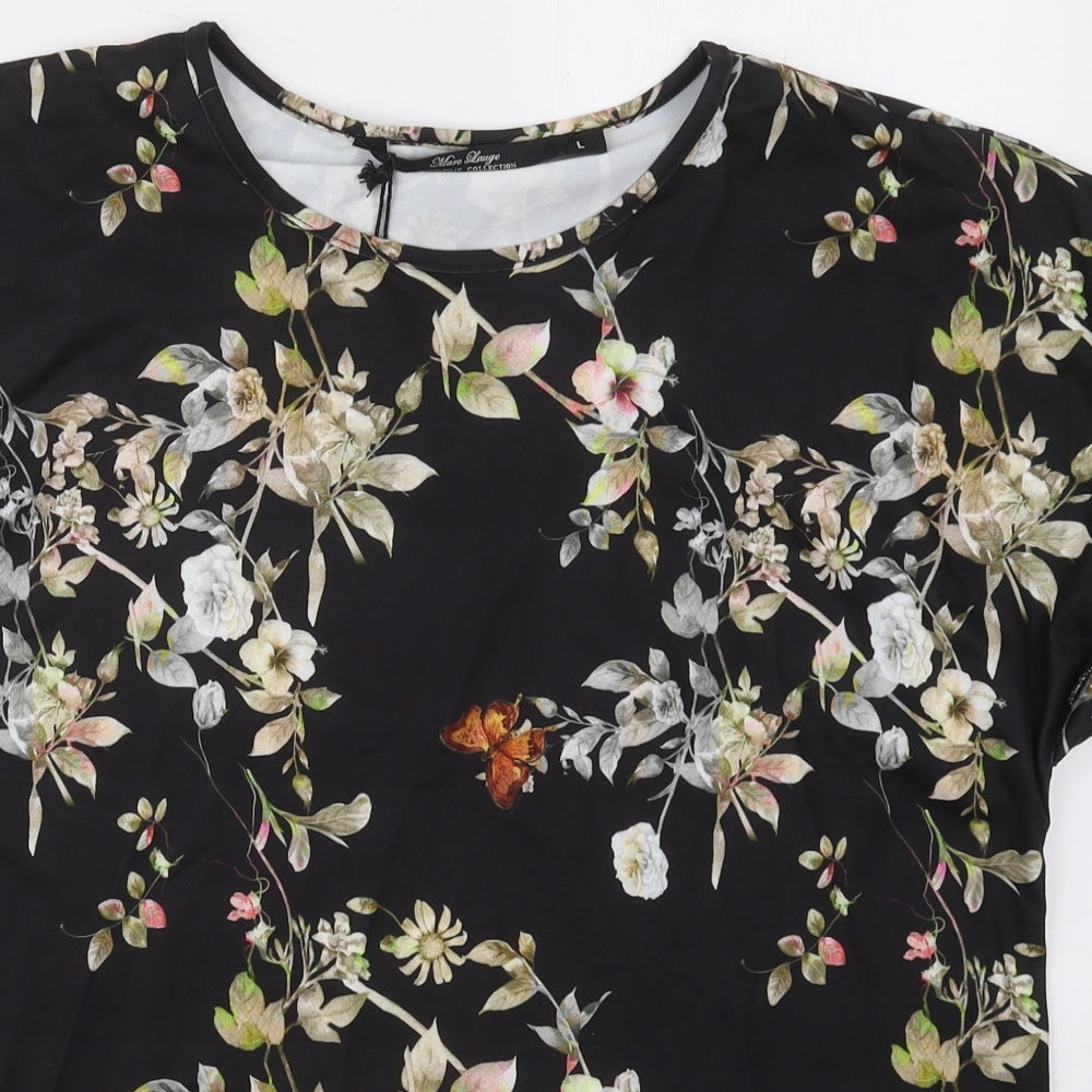 Marc Lauge Womens Black Floral Polyester Basic T-Shirt Size L Round Neck