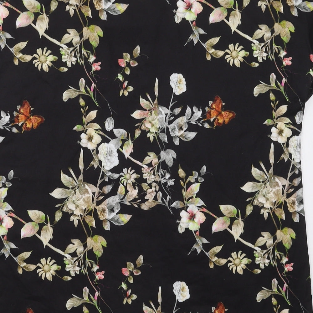 Marc Lauge Womens Black Floral Polyester Basic T-Shirt Size L Round Neck