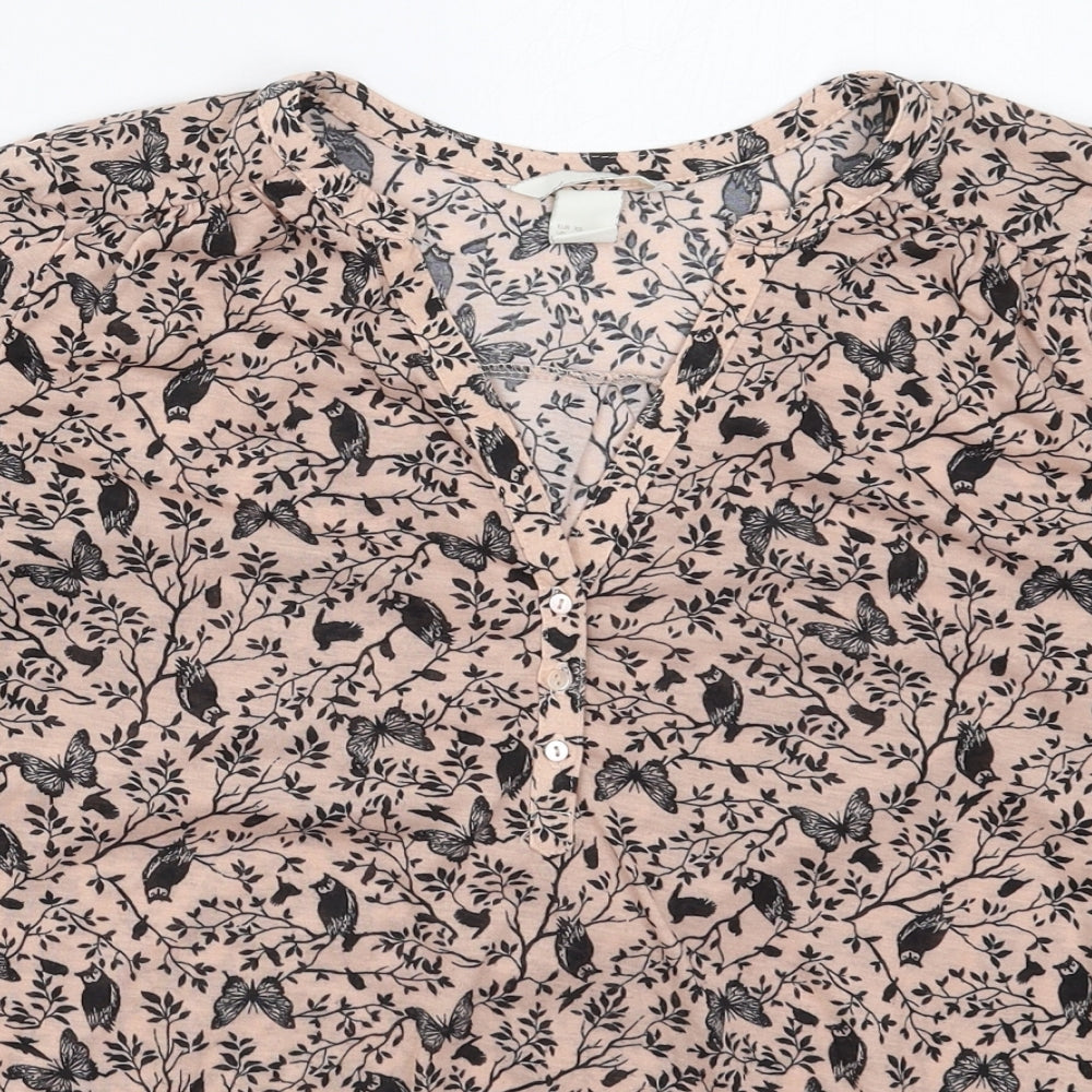 H&M Womens Pink Floral Polyester Basic T-Shirt Size XS V-Neck