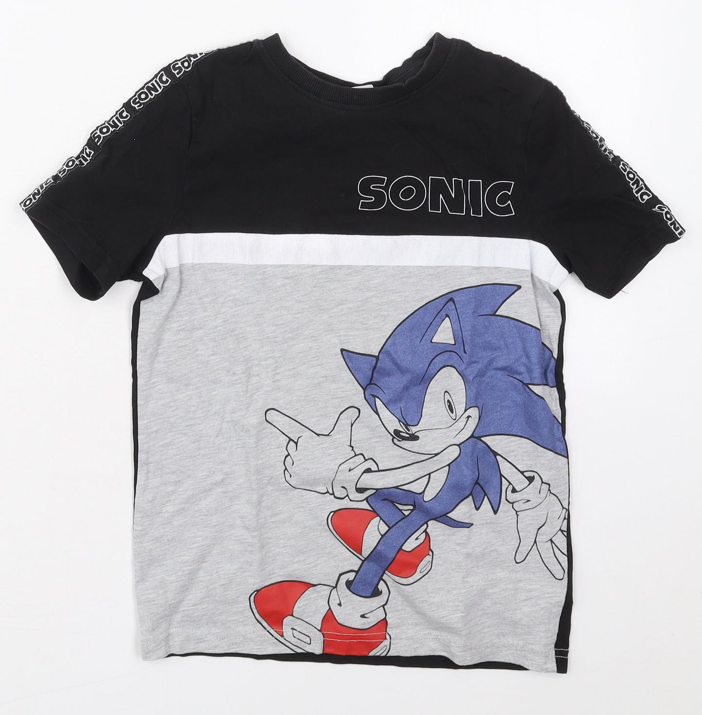 F&F Boys Black  Cotton Basic T-Shirt Size 8-9 Years Crew Neck Pullover - Sonic