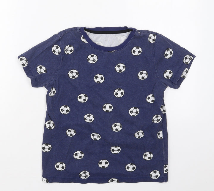 F&F Boys Blue Cotton Basic T-Shirt Size 9-10 Years Crew Neck Pullover - Footballs