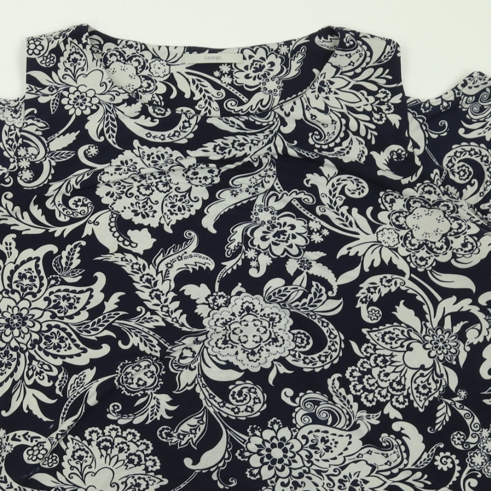 George Womens Blue Geometric Polyester Basic T-Shirt Size 24 Crew Neck - Cold Shoulder