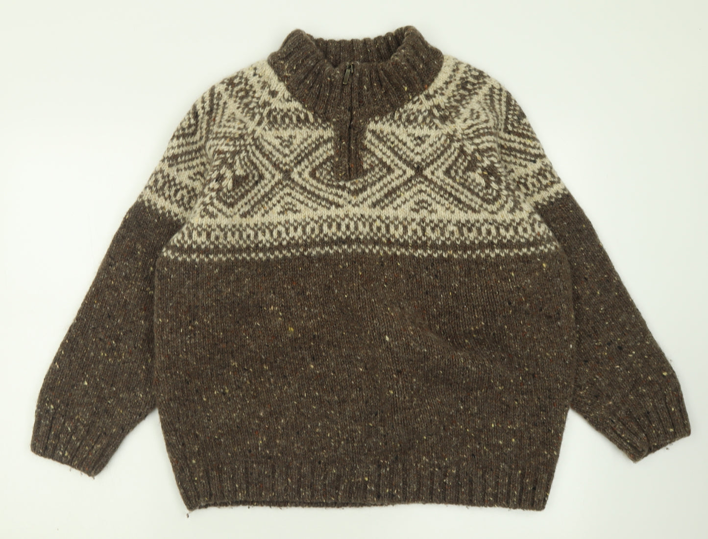 Aran Crafts Mens Brown High Neck Geometric Wool Pullover Jumper Size 2XL