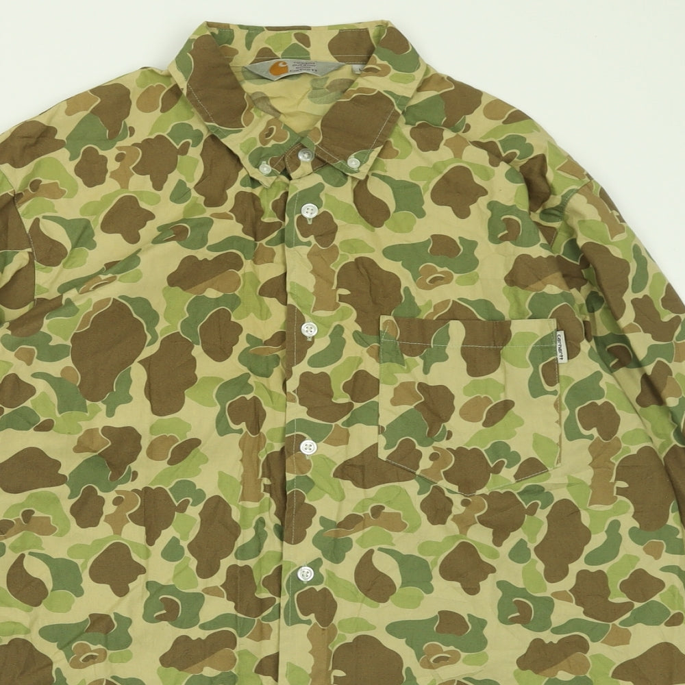 Carhartt Mens Green Camouflage Cotton  Button-Up Size L Collared Button
