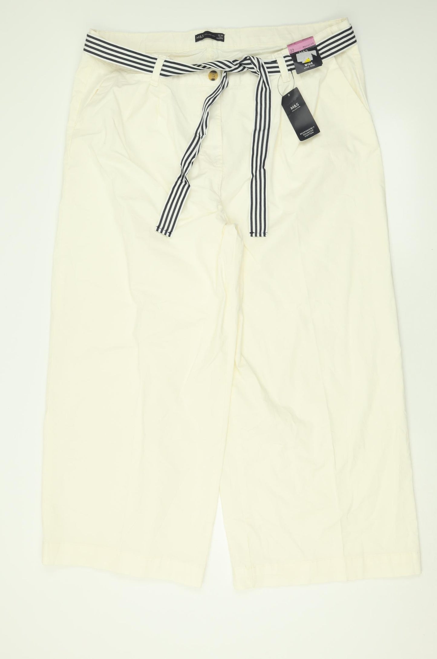 Marks and Spencer Womens White  Cotton Trousers  Size 22 L28 in Regular Button