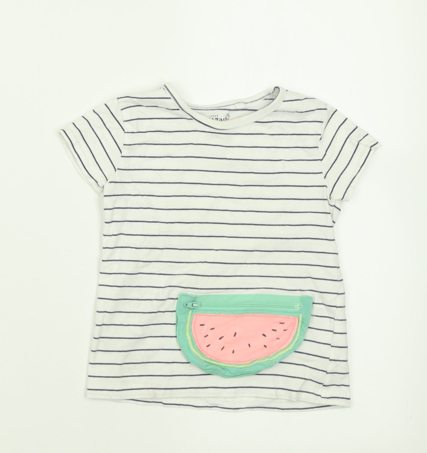 NEXT Girls White Striped Cotton Basic T-Shirt Size 2-3 Years Crew Neck Pullover