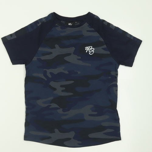 Ribstop Boys Blue Camouflage Cotton Basic T-Shirt Size S Crew Neck Pullover