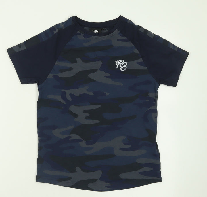 Ribstop Boys Blue Camouflage Cotton Basic T-Shirt Size S Crew Neck Pullover