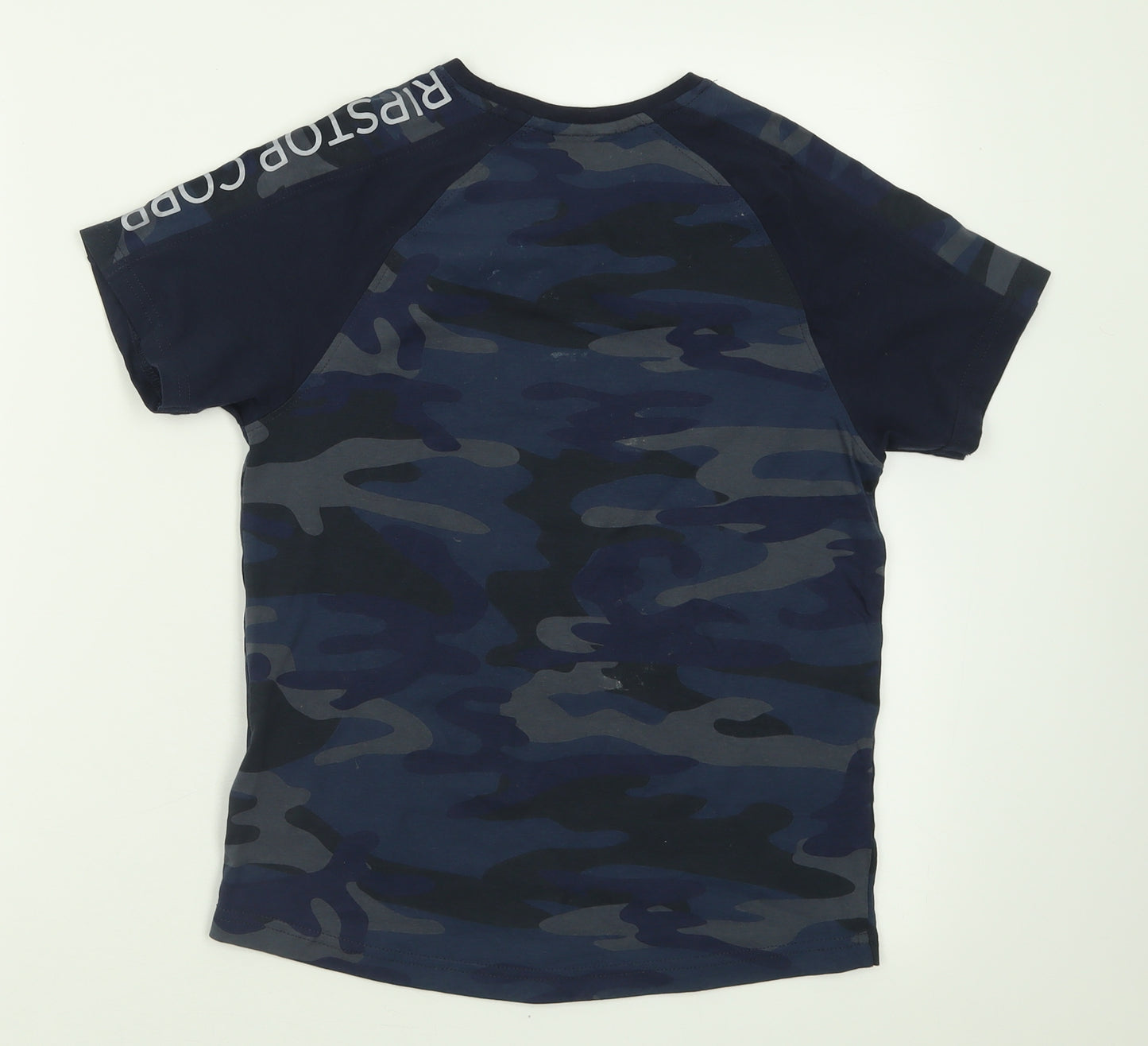 Ribstop Boys Blue Camouflage Cotton Basic T-Shirt Size S Crew Neck Pullover