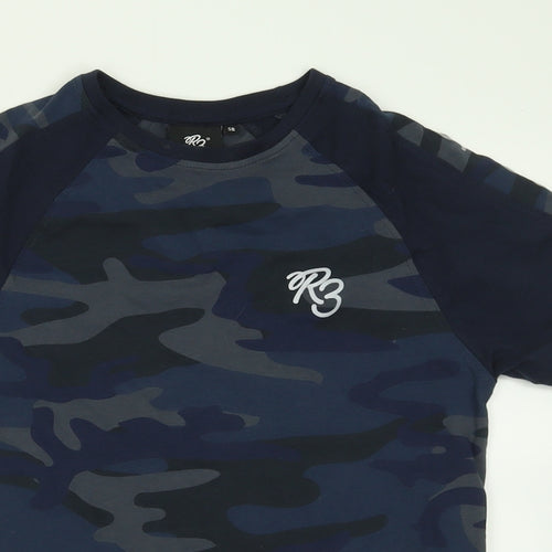 Ribstop Boys Blue Camouflage Cotton Basic T-Shirt Size S Crew Neck Pullover